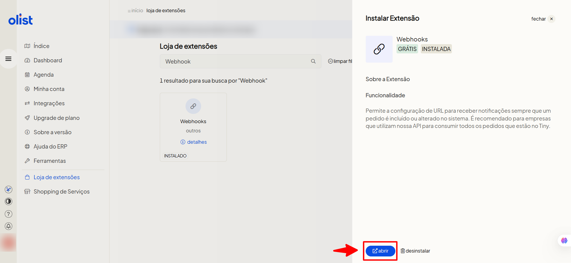 Abrindo configuração do Webhook