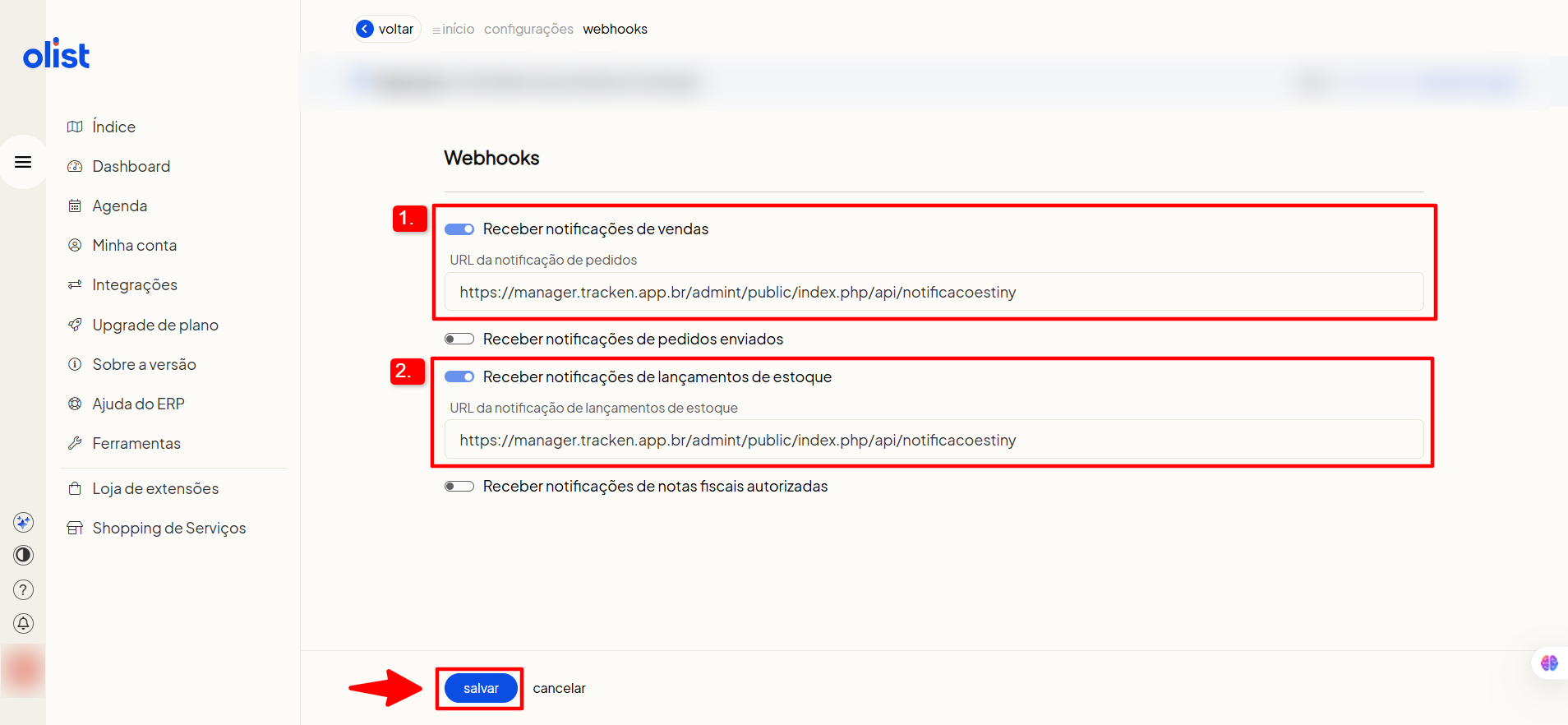 Configuração dos webhooks com URL