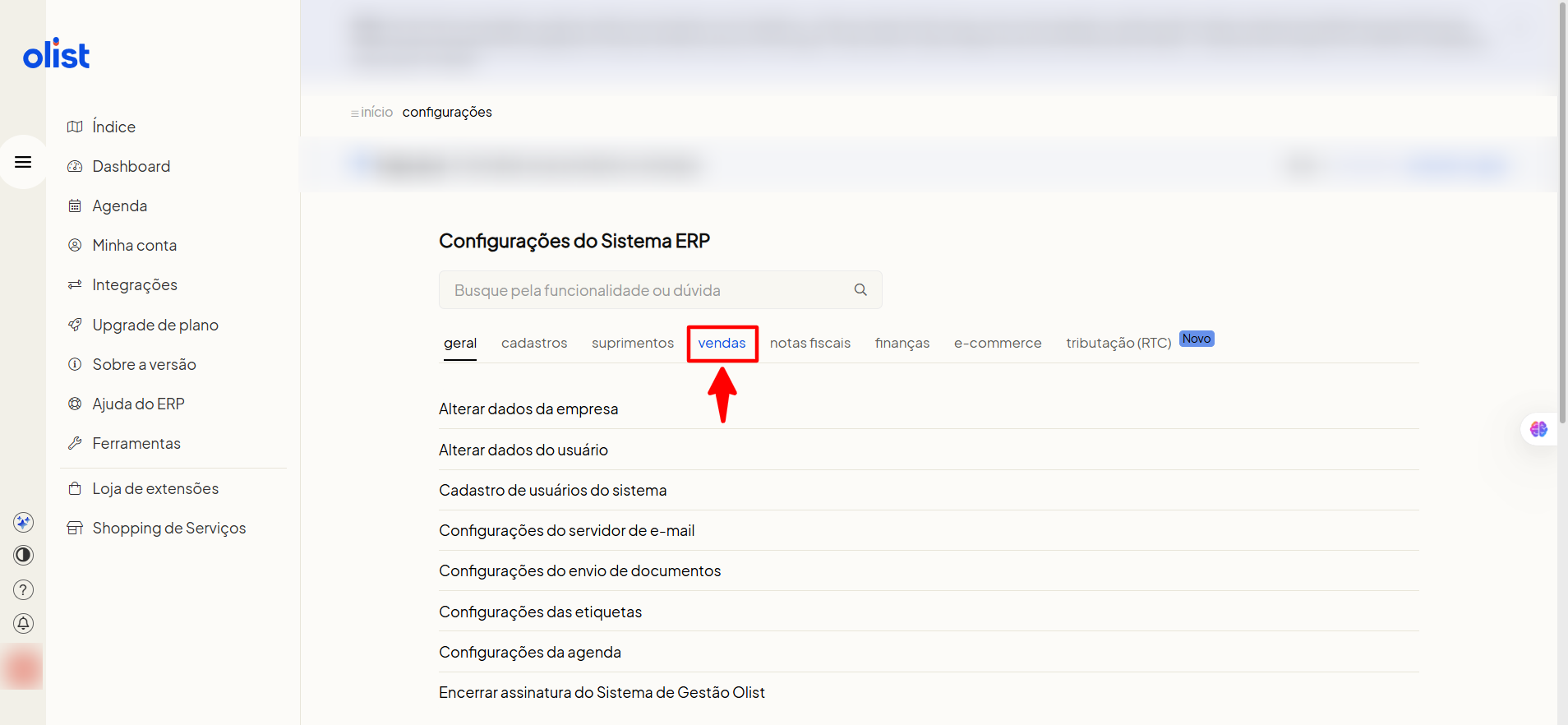 Configurações de vendas