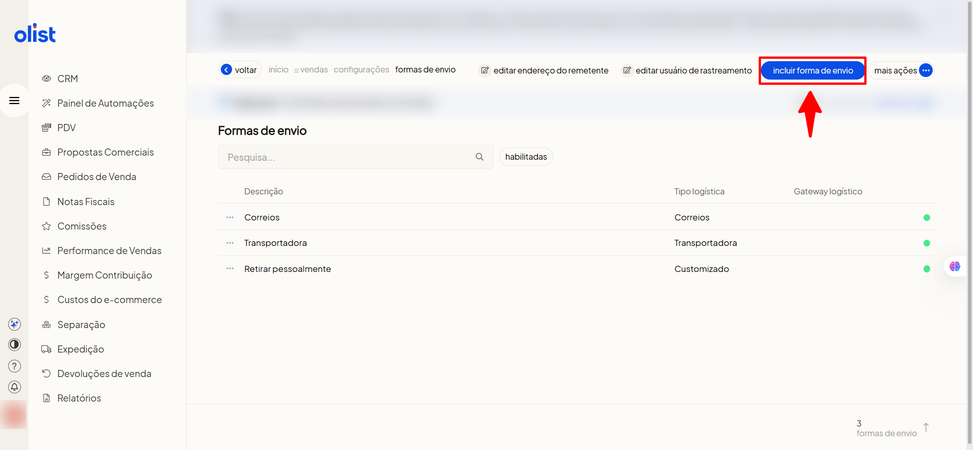 Incluindo forma de envio