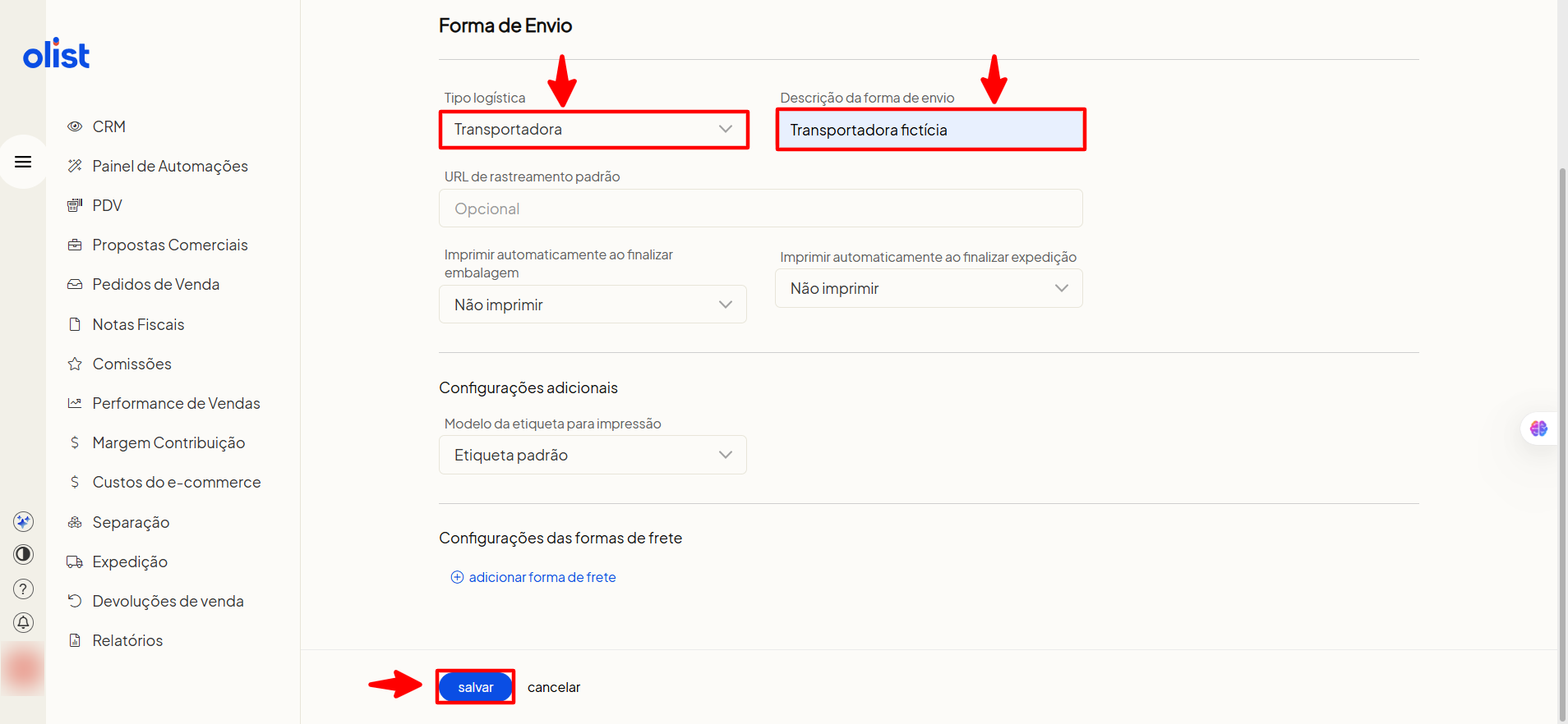 Nova forma de envio cadastrada
