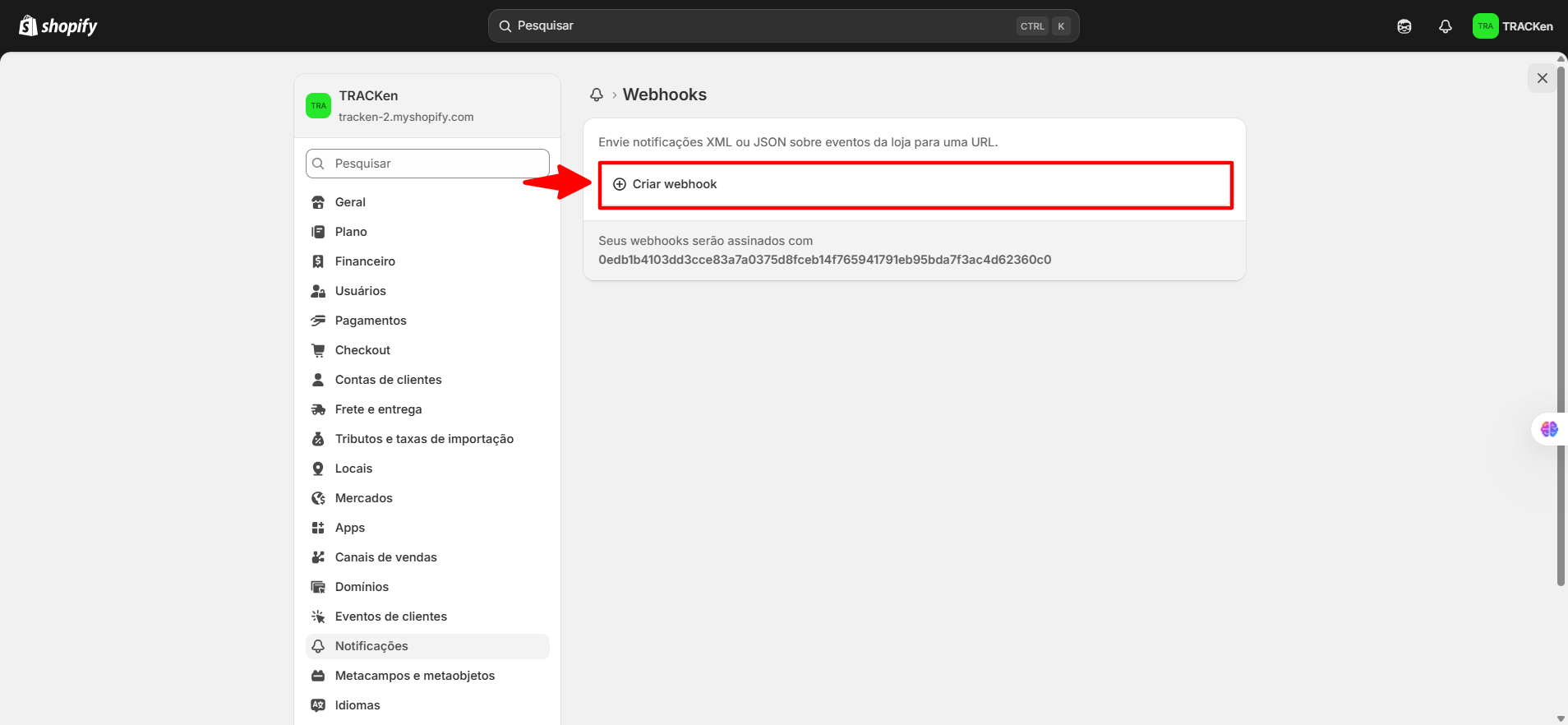 Botão Criar Webhook