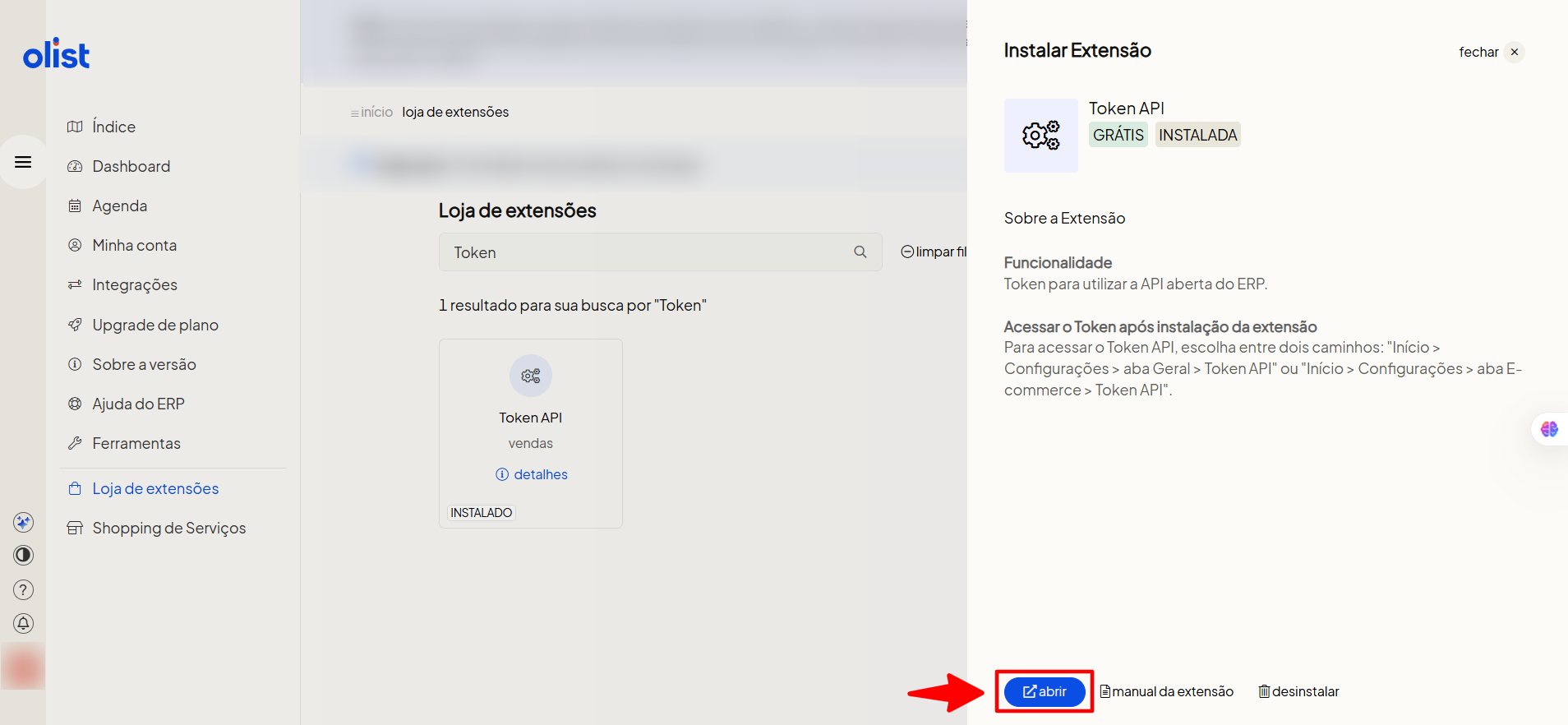 Abrindo extensão Token API