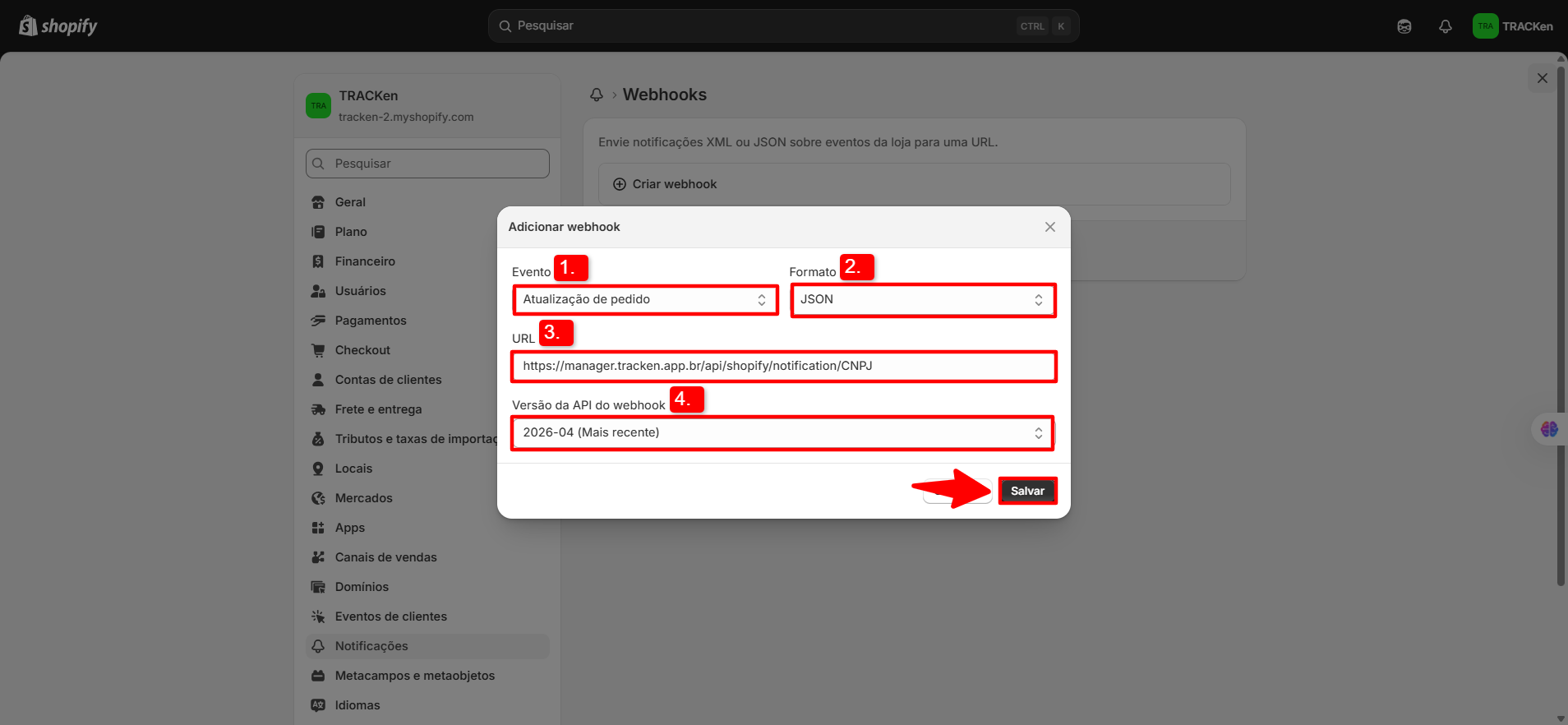 Formulário de configuração do webhook