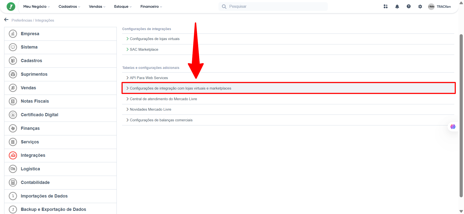 Tela de configuração de integrações