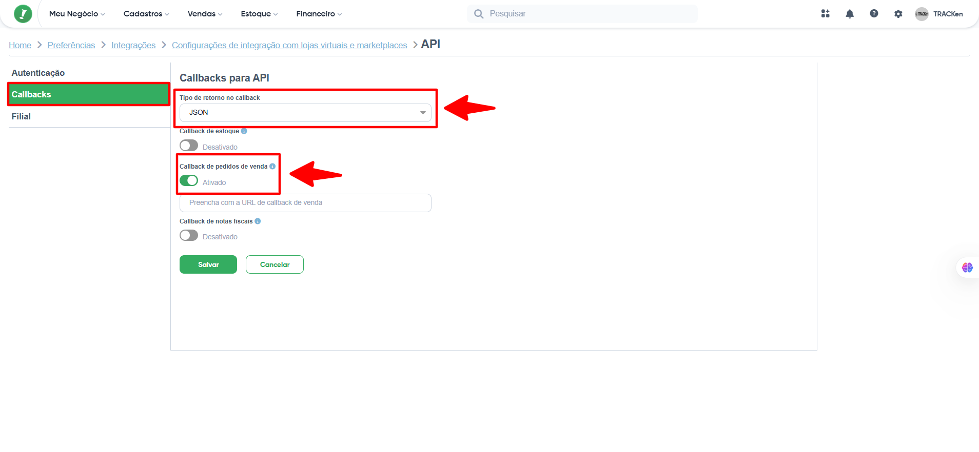 Configuração de callback JSON