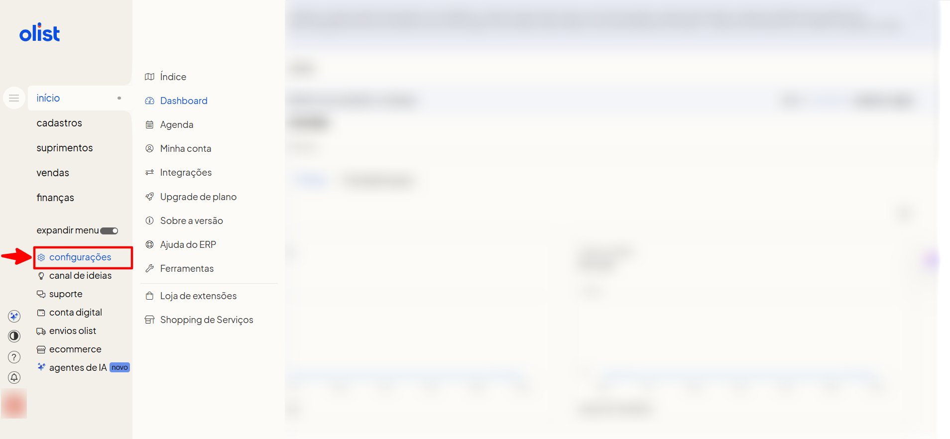 Menu de configurações de vendas