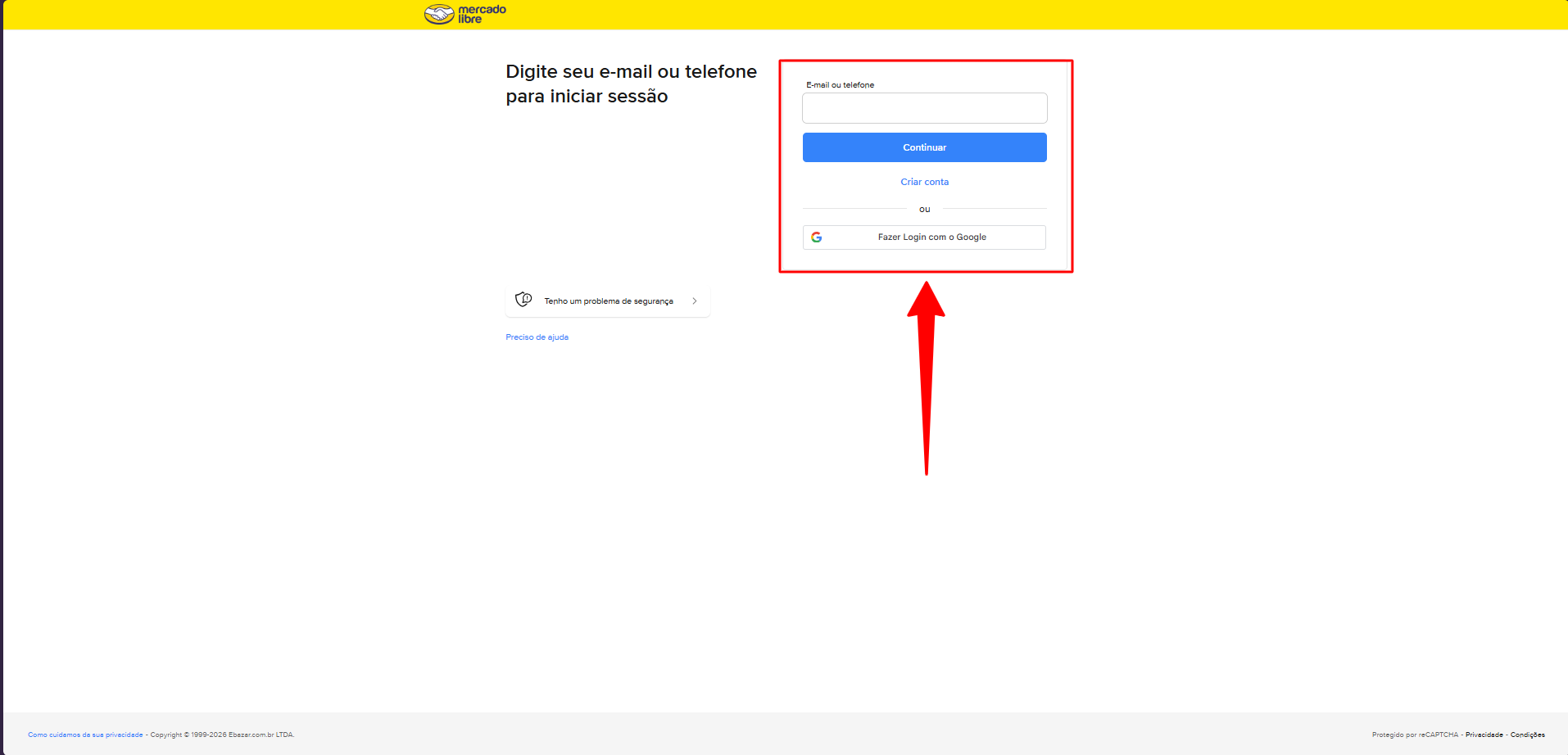 Tela de login do Mercado Livre