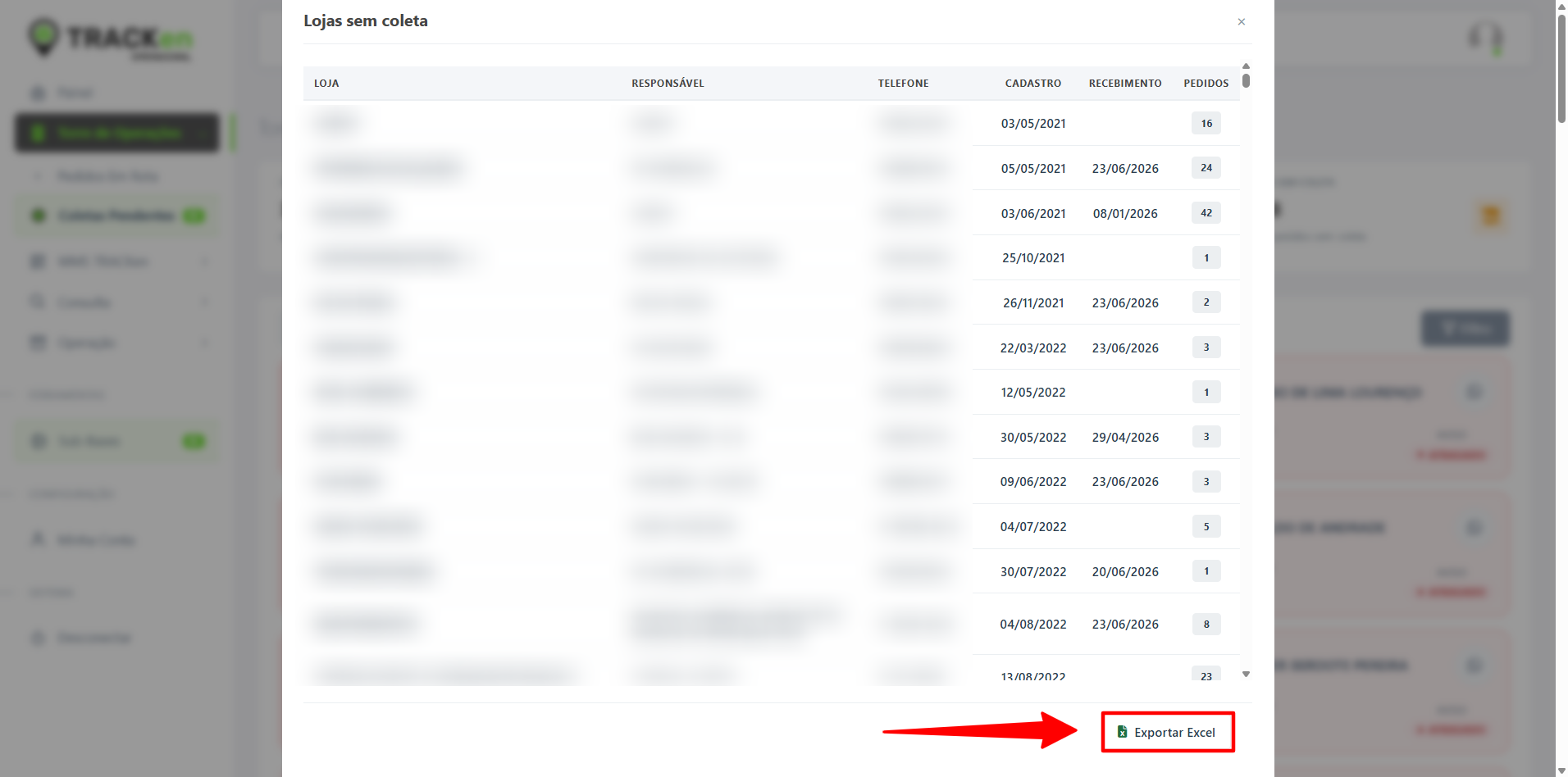 Lista de pendências e exportação Excel