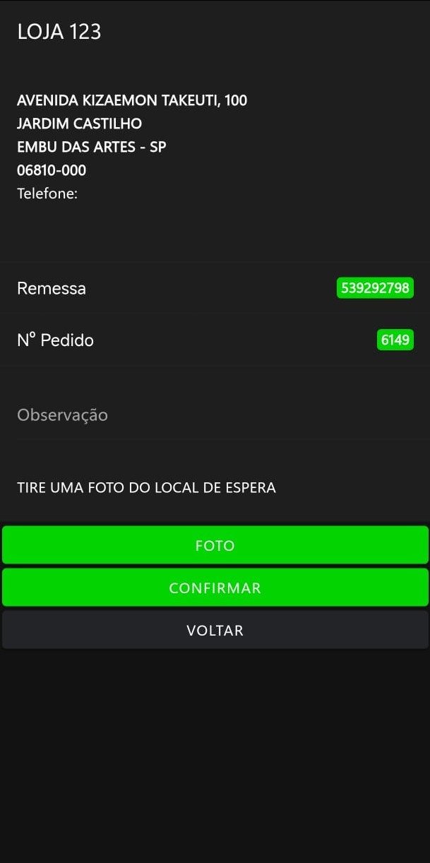 Tela de baixa de um pedido devolvido no App Motorista