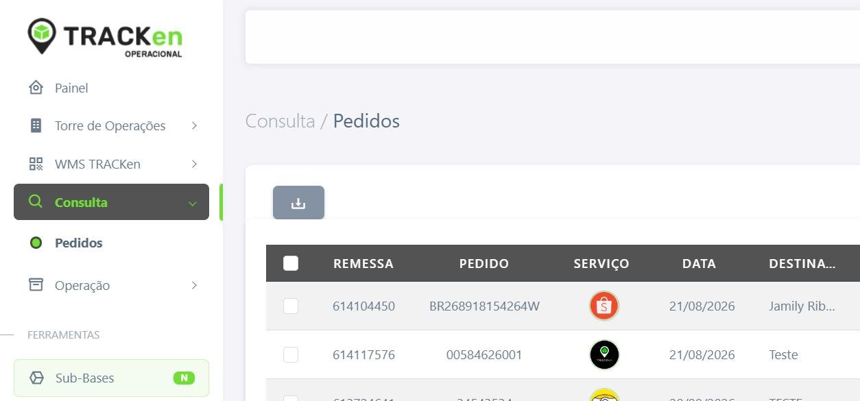 Tela de Consulta de Pedidos com a tabela de pedidos