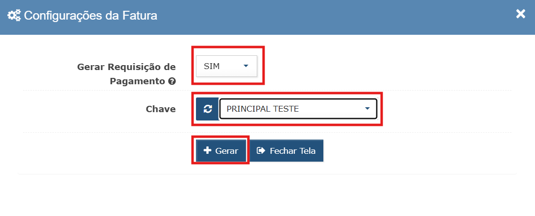 Configurações da fatura com Gerar Requisição de Pagamento e a chave selecionada