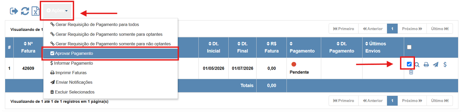 Menu Ações com a opção Aprovar Pagamento destacada