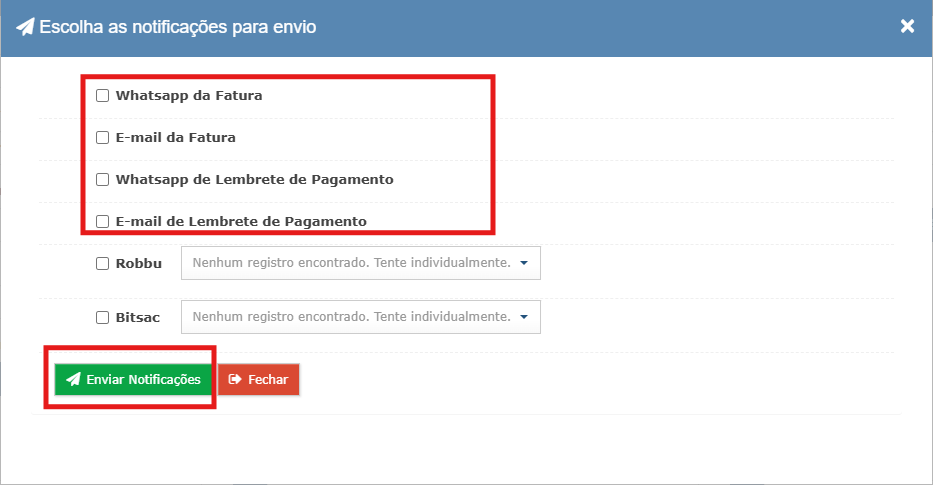 Modal para escolher as notificações de envio da fatura