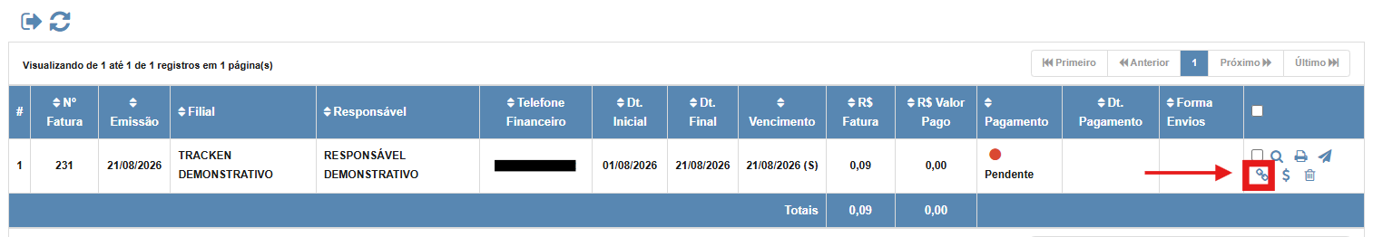 Ícone de link de pagamento individual na lista de faturas