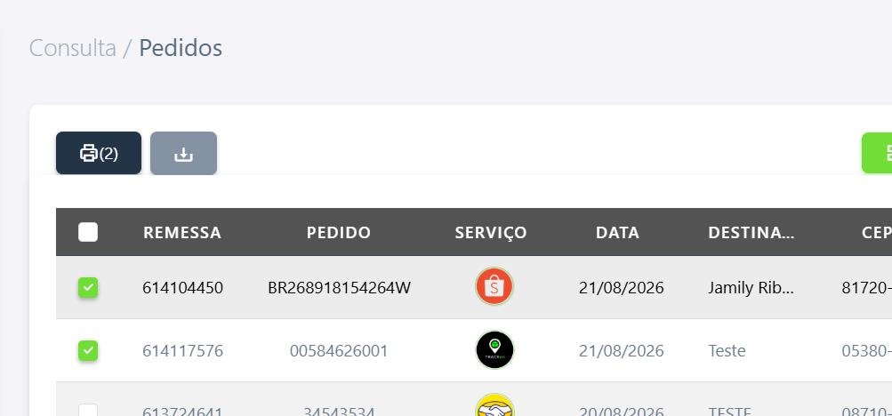 Pedidos selecionados com o botão Imprimir etiquetas