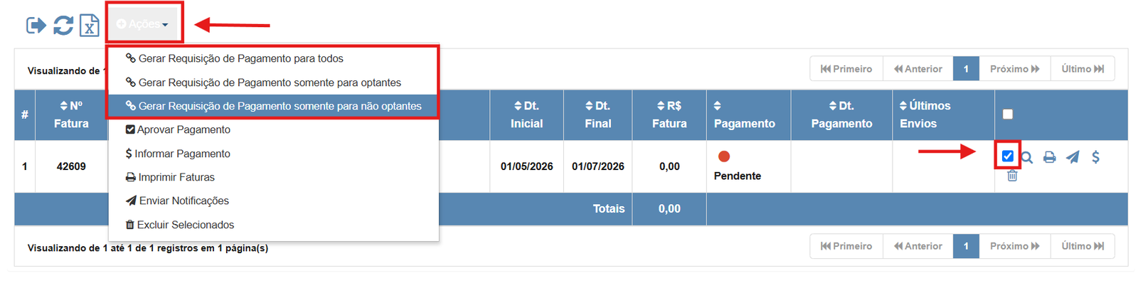 Menu Ações com as opções de gerar requisição de pagamento