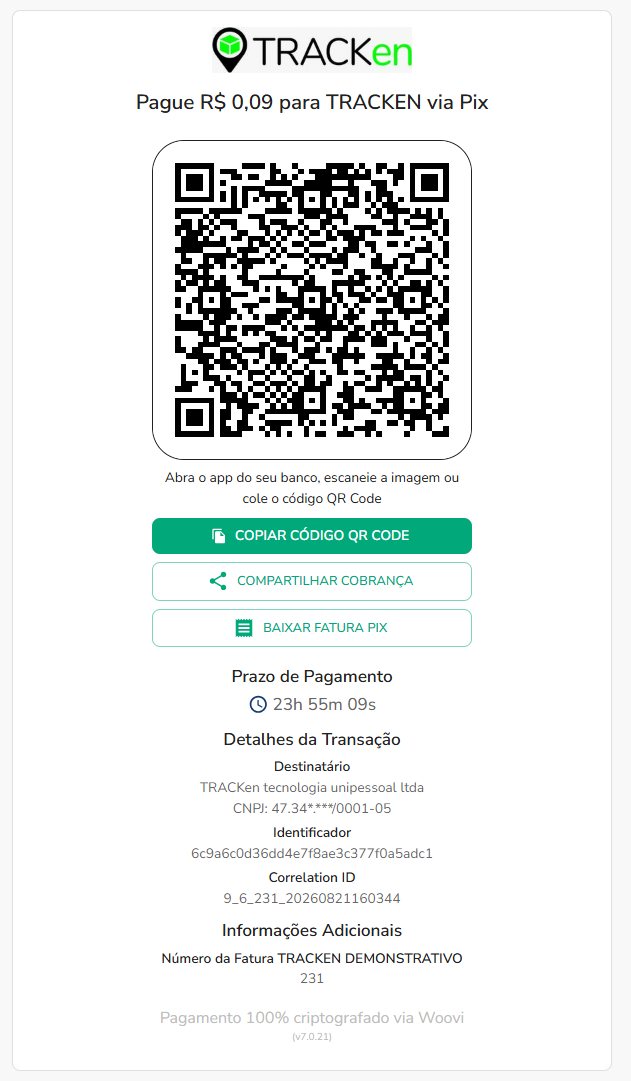 Página de pagamento via Pix com o QR Code