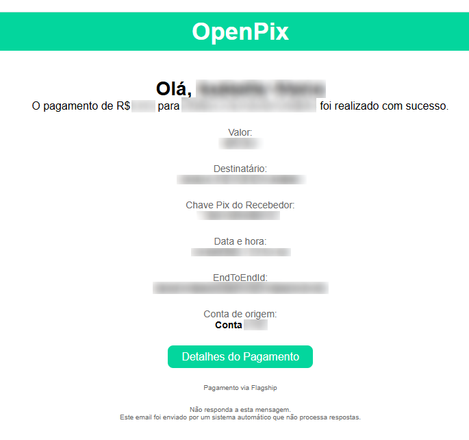 Comprovante de pagamento enviado por e-mail pela OpenPix