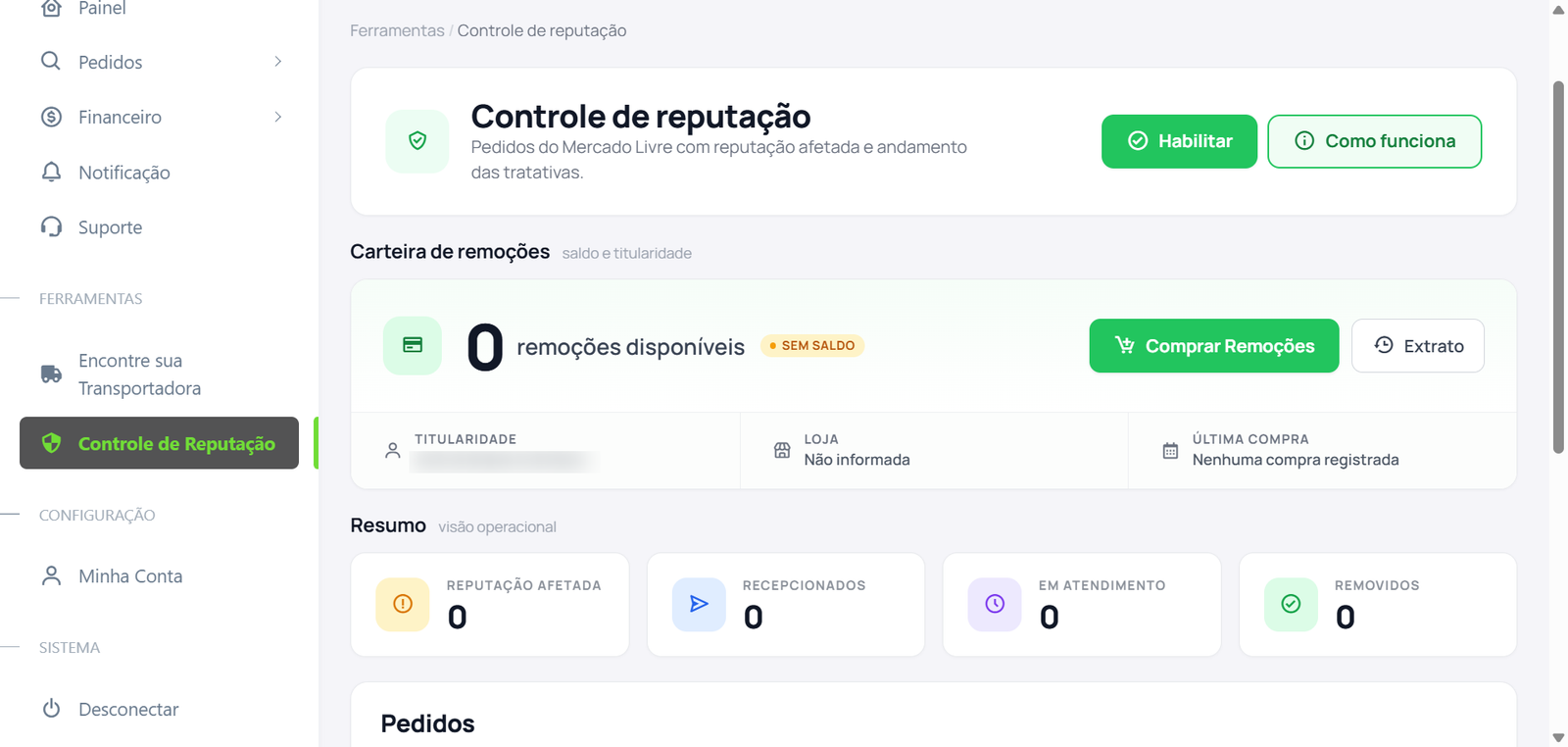 Tela do Controle de Reputação, com os botões Habilitar e Como funciona, a Carteira de remoções e o Resumo