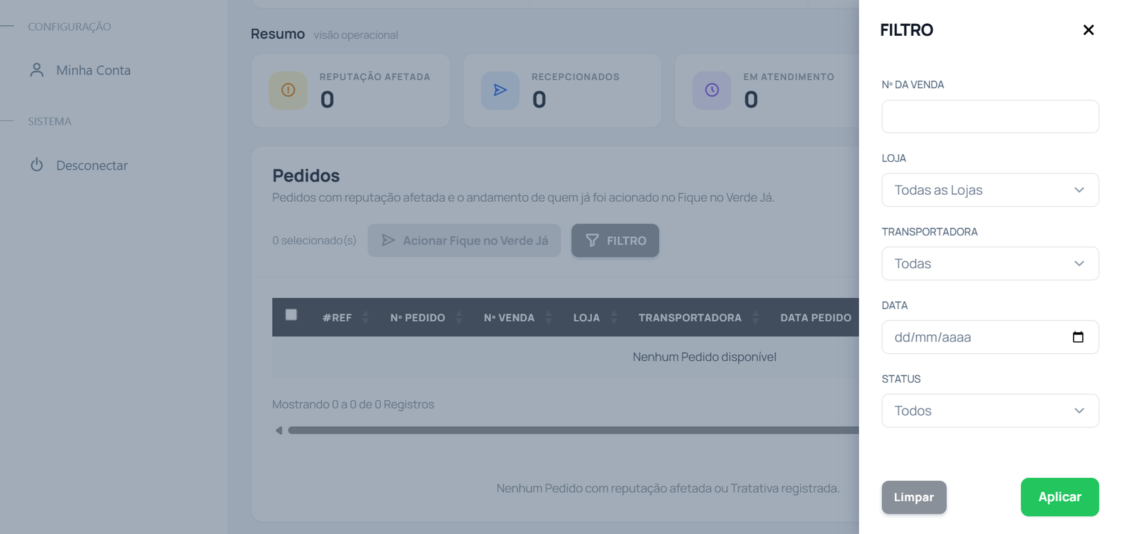 Painel de filtro da tela de Controle de Reputação
