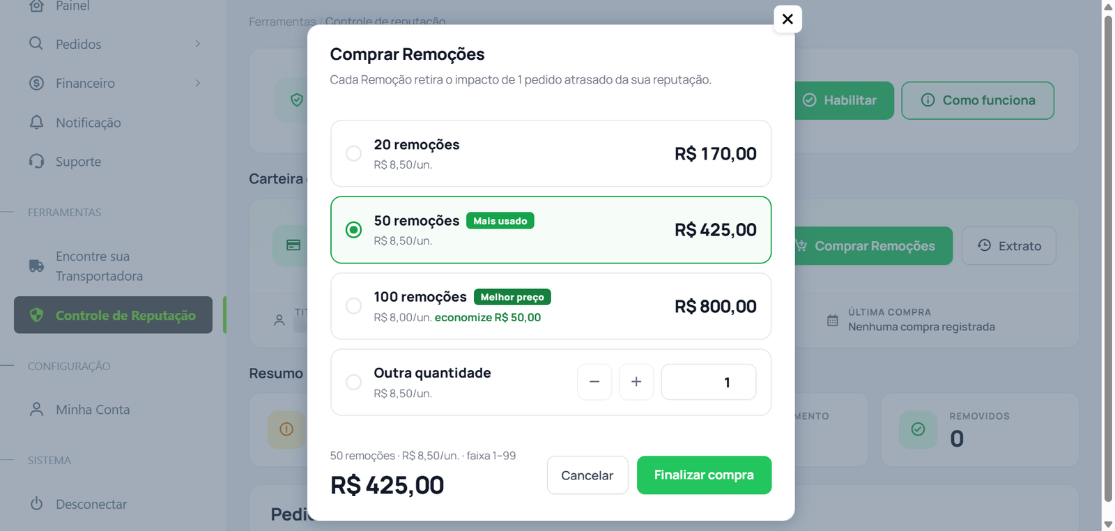 Tela de compra de remoções, com os pacotes disponíveis