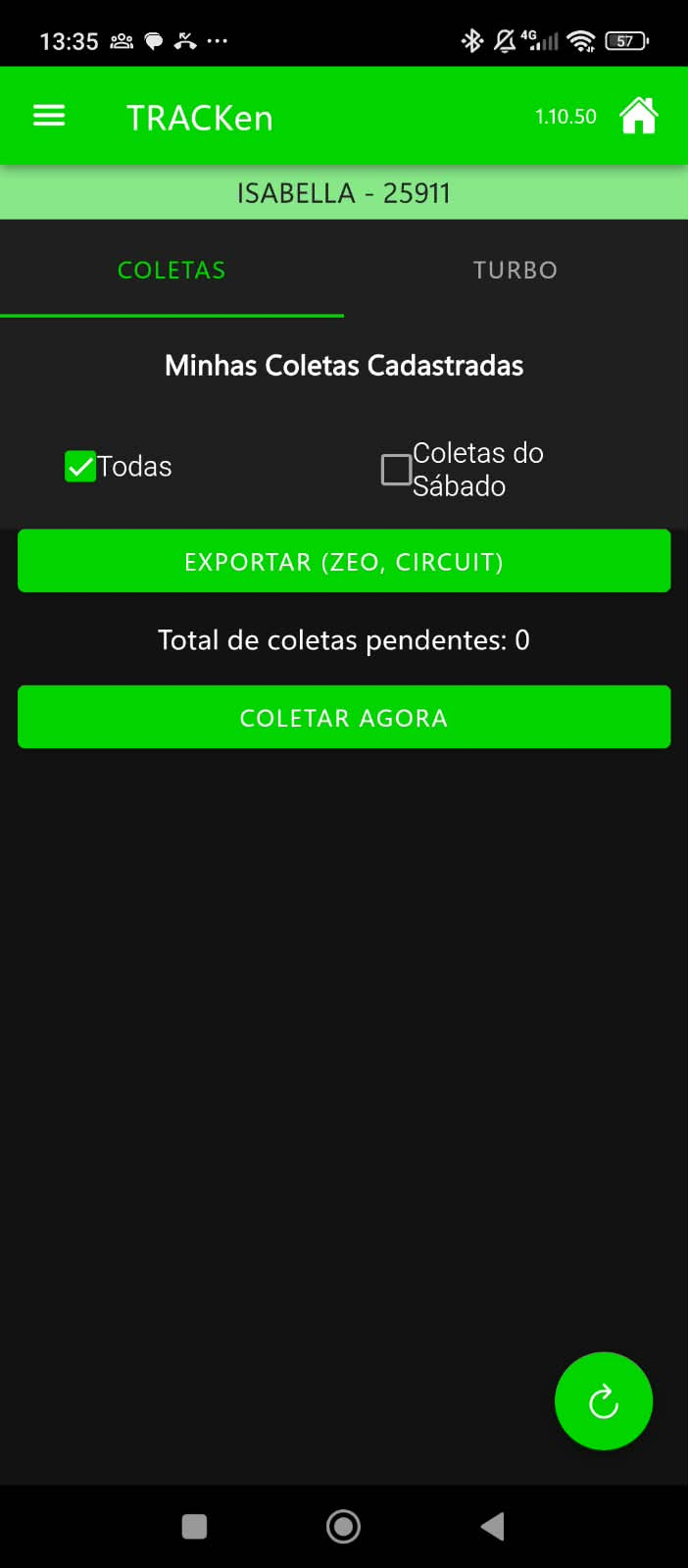Aba Coletas do App TRACKen Motorista, com a lista de Minhas Coletas Cadastradas