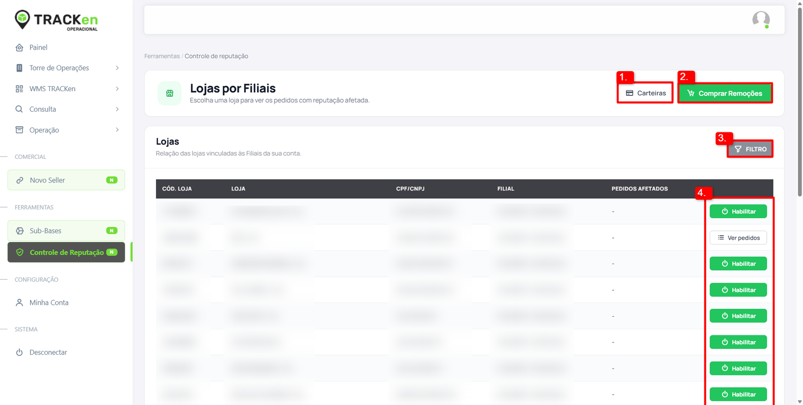 Tela Lojas por Filiais com os botões Carteiras, Comprar Remoções, Filtro e Habilitar