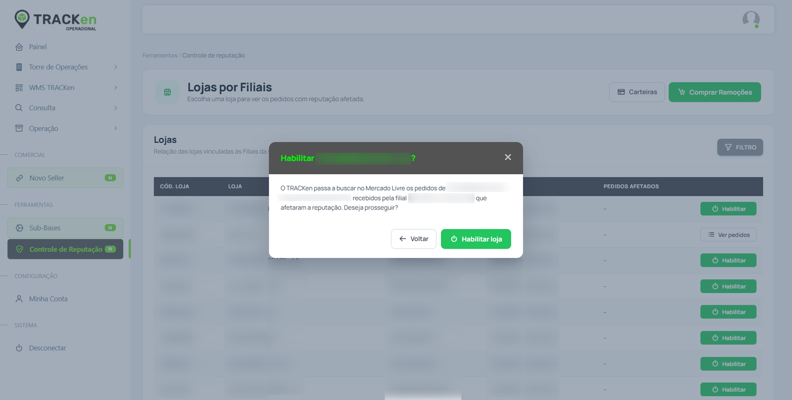 Confirmação para habilitar uma loja no Controle de Reputação