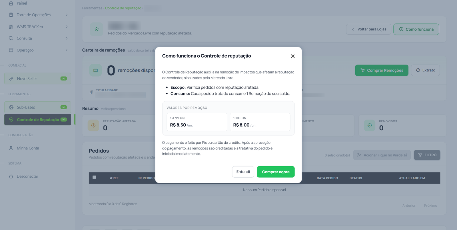 Janela Como funciona o Controle de reputação, com os valores por remoção
