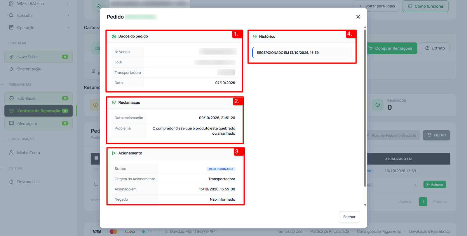 Detalhes do pedido com dados, reclamação, acionamento e histórico