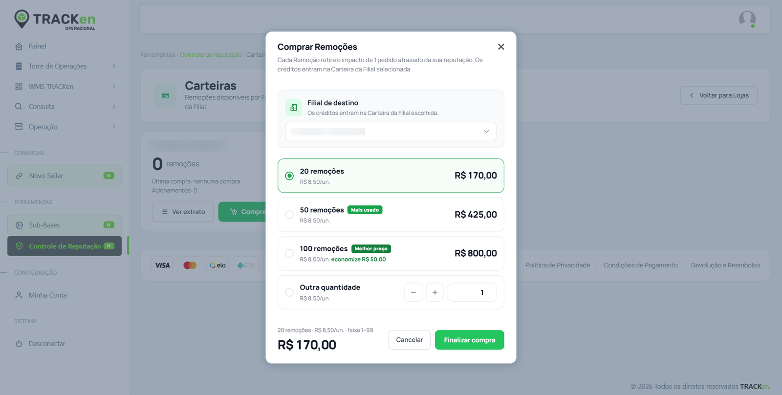 Janela Comprar Remoções com a filial de destino e os pacotes