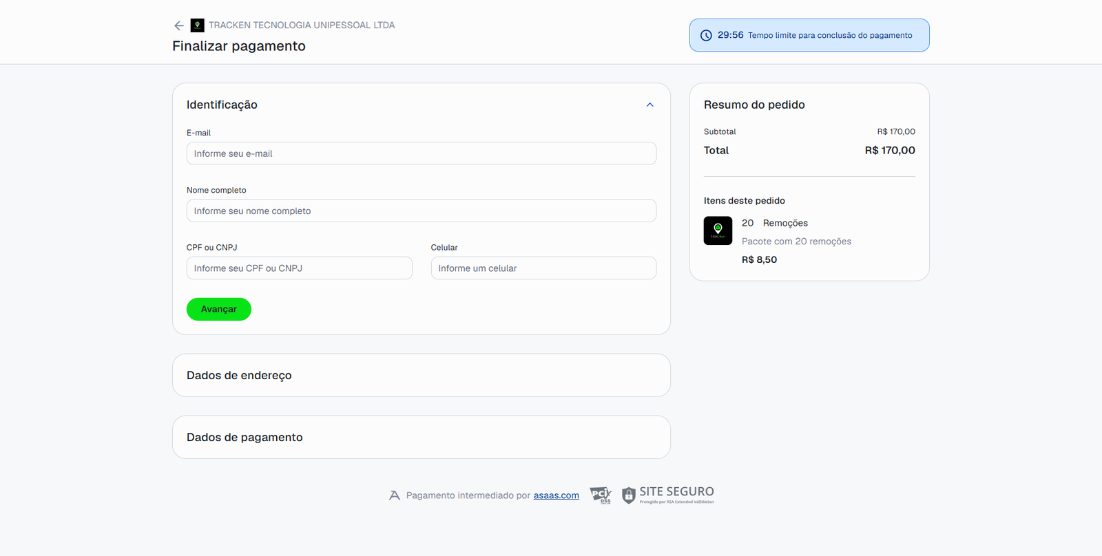 Checkout de pagamento com os dados de identificação