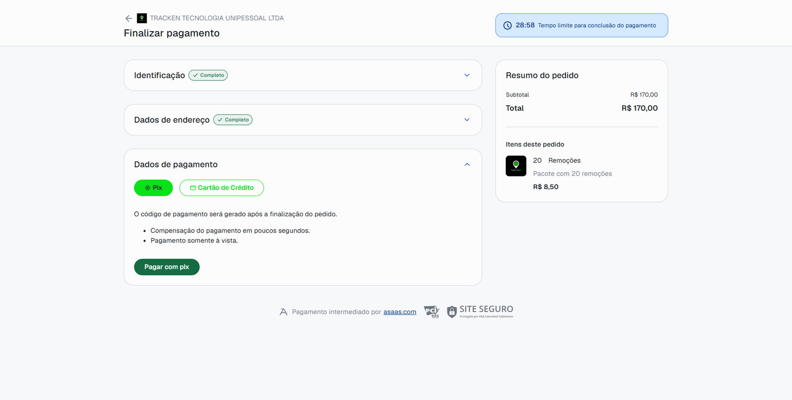 Checkout com a opção de pagamento por Pix