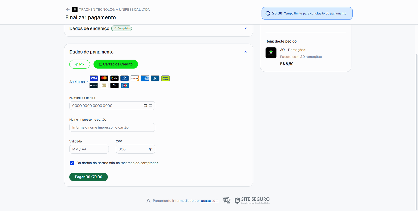 Checkout com a opção de pagamento por cartão de crédito