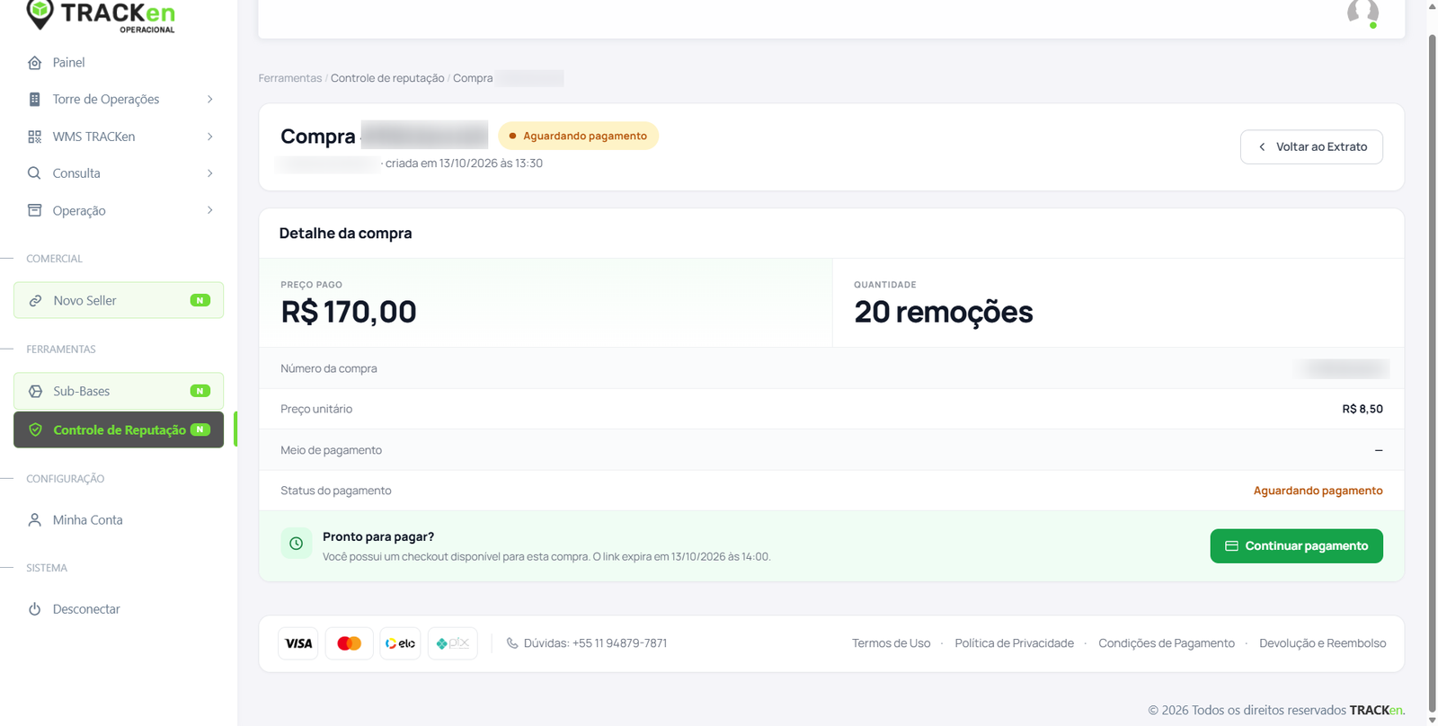 Compra aguardando pagamento com o botão Continuar pagamento