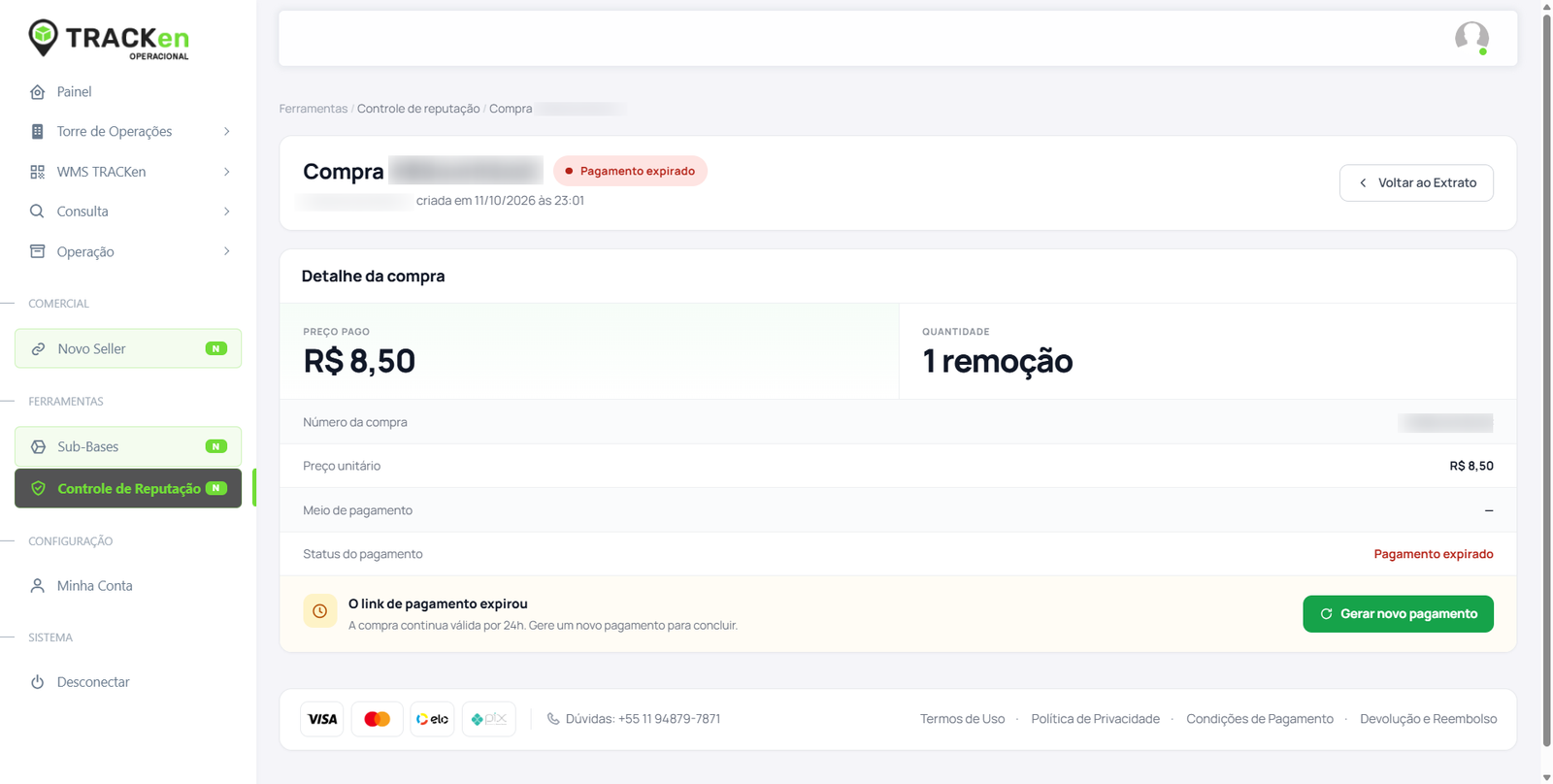 Compra com pagamento expirado e o botão Gerar novo pagamento