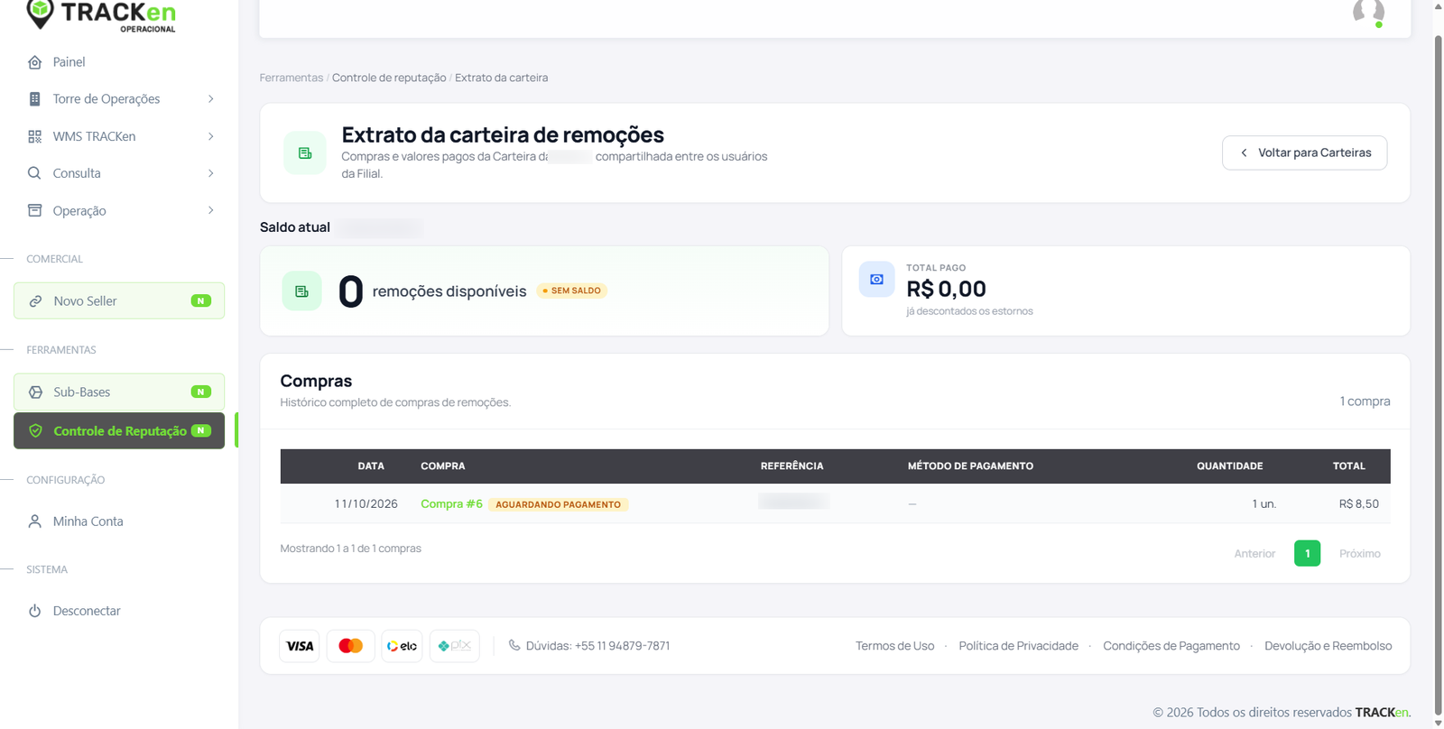 Extrato da carteira de remoções com saldo atual, total pago e compras
